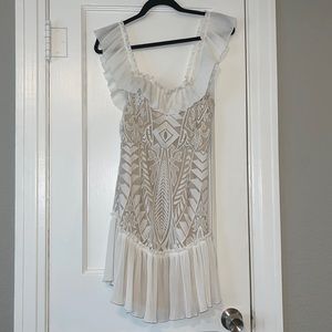 BOUQUET TOSS LACE OFF THE SHOULDER PLEATED RUFFLE DRESS - WHITE